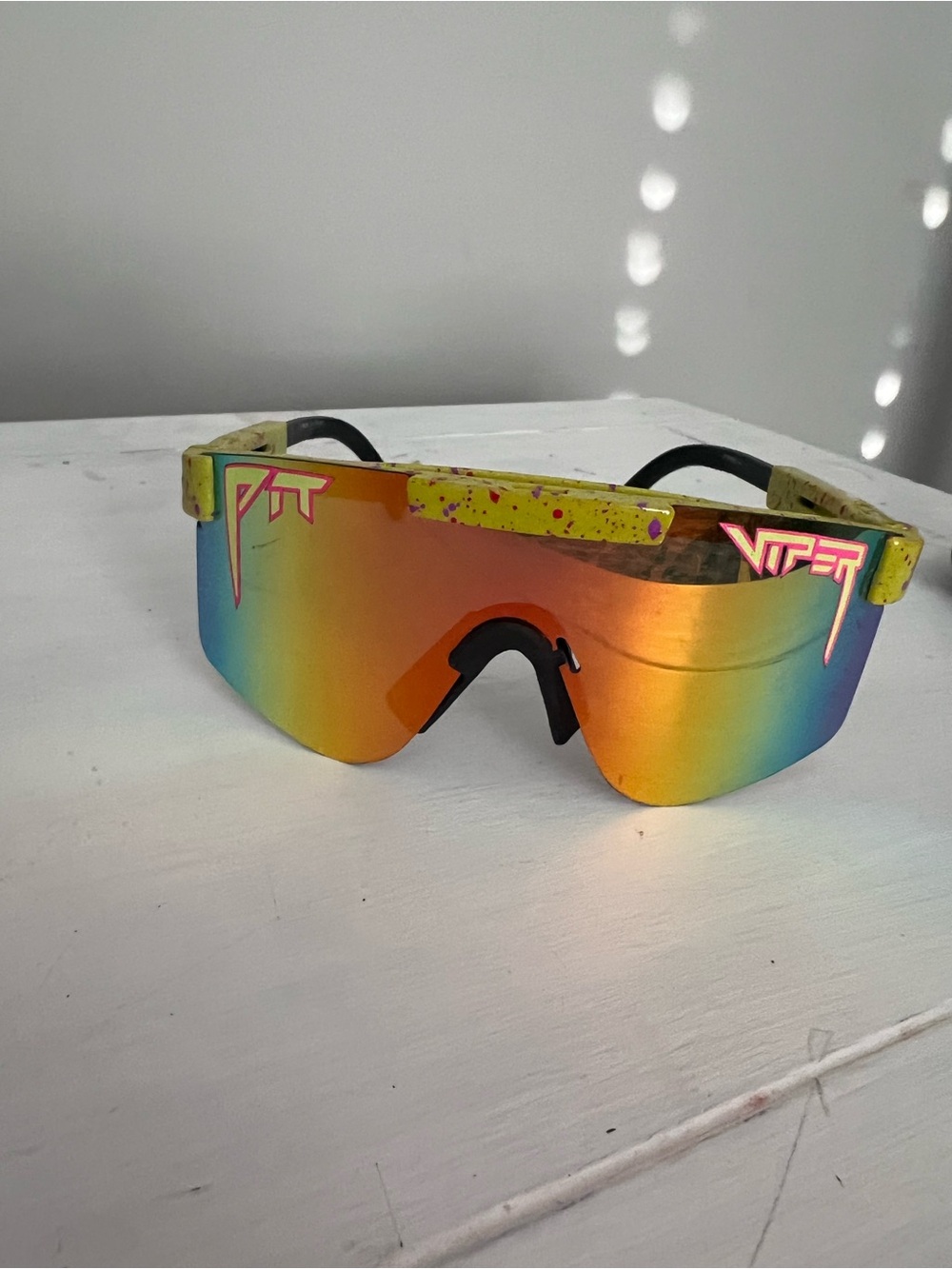 Pit Viper Rainbow Mirrored Shield Sunglasses with Yellow Splatter Frame